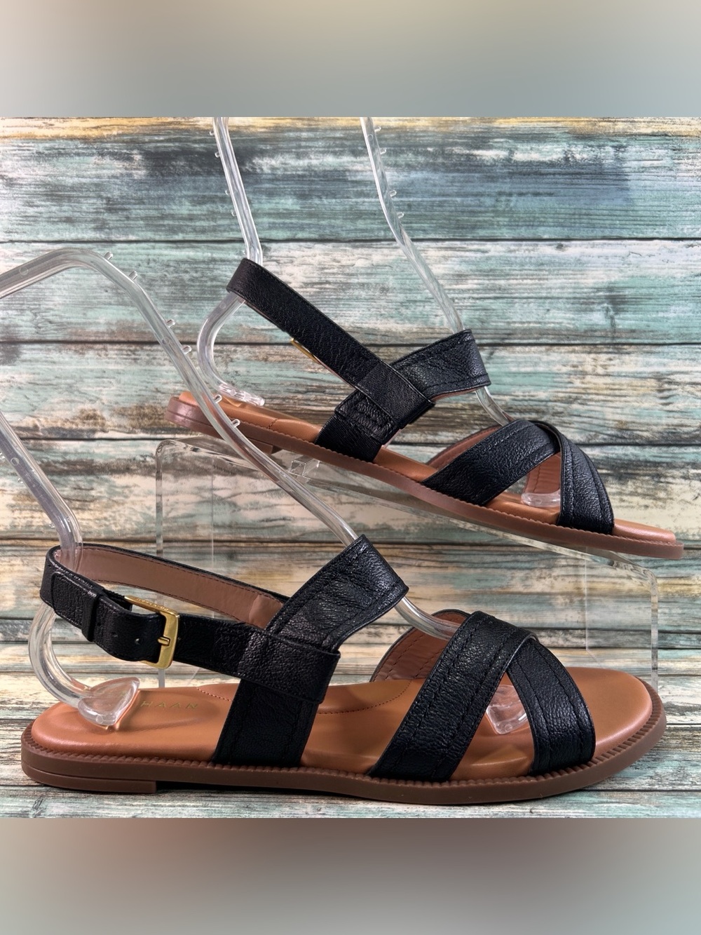 COLE HAAN Camberly Slingback Sandal Womens 8.5 Black Leather Flat Strappy Casual